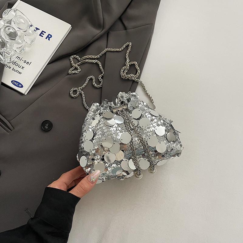 

Crossbody Chain Sequin Bag Pu Material Bucket Bag For Girl Casual Day Use серебряный