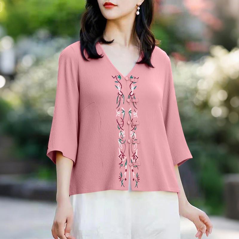 ZANZEA Women Summer V-Neck 3/4 Sleeve Casual Embroidery Blouse