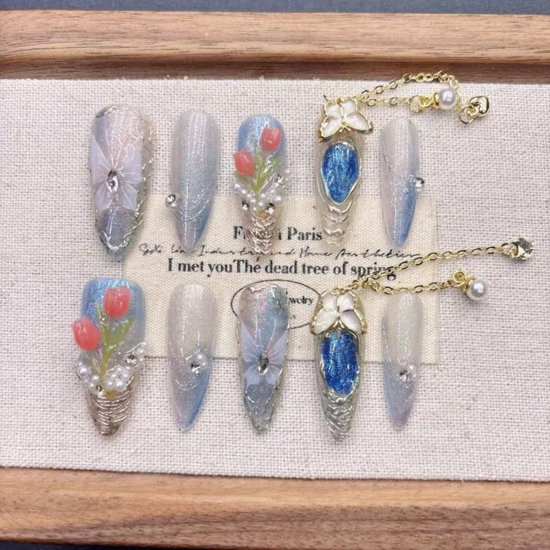 Handcrafted 3D Tulip Tassel Relief Butterfly Press-On Nails Women Girls Sweet Chic Style Large