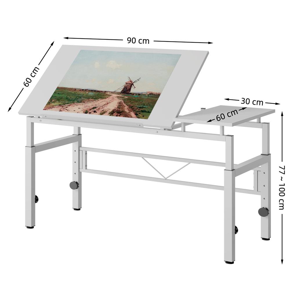 Adjustable Drafting Table, White Drawing Desk with Tilting Top & 4 Leveling Feet for Office, Study Room, Drawing Room, Classroom