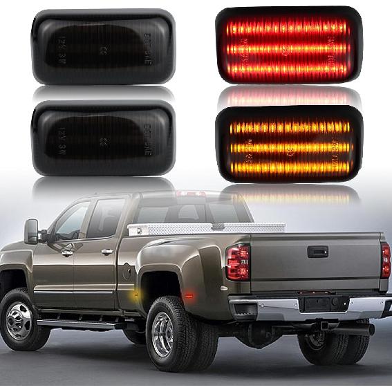 Smoked Lens Amber Red fender LED Side Marker Lights For 2015-2023 Chevy Silverado GMC Sierra 2500HD 3500HD Dual Rear Wheel Bed Fender Marker Light