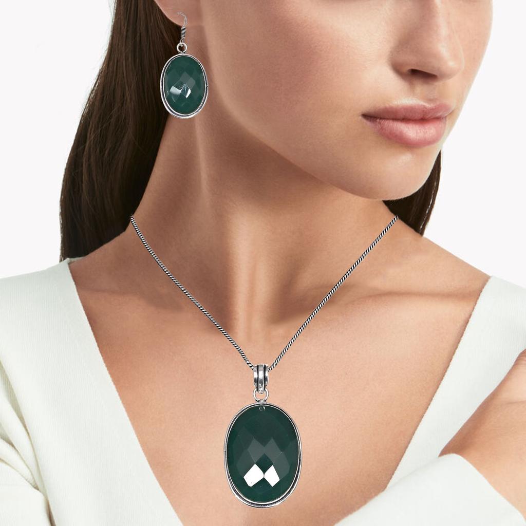 Onyx Green Pendant Set Earrings Jewelry Gemstone Handmade Ethnic