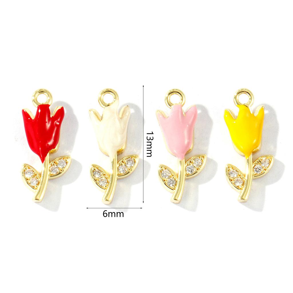 2 Pcs Enamel Tulip Flower Charms Micro Pave Clear Cubic Zirconia Brass 18K Gold Plated Pendants For DIY Necklace 13mm X 6mm