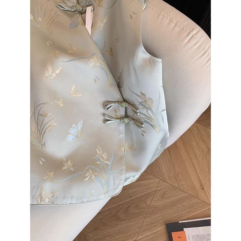 Vintage Jacquard Satin Vest Femininity Stand-Up Collar Premium Stacked Top