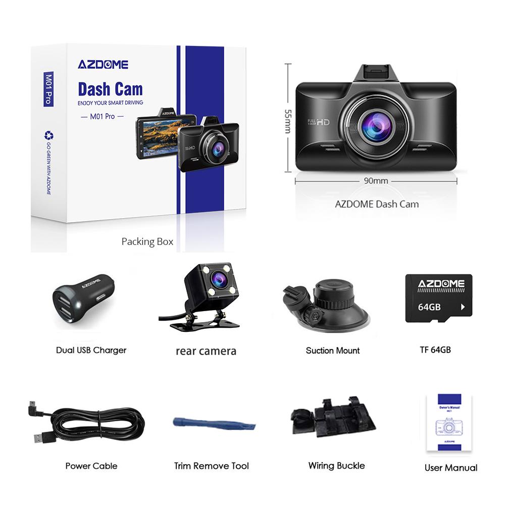 

Автомобильный видеорегистратор AZDOME M01 Pro с 2 камерами переднего и заднего вида, разрешение 1080P, 3-дюймовый IPS-экран с картой памяти 64 ГБ, ночное видение, ADAS G-сенсор, круглосуточный режим парковки