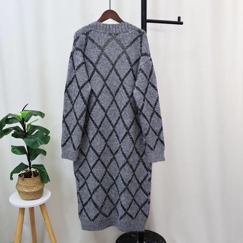 Autumn new long knee pocket sweater jacket lazy wind rhombus design temperament knitted cardigan women