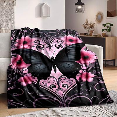 1pc Butterfly Flowers Lightweight Flannel Blanket, Comfortable and Warm Blanket, for Office and Camping Sofa Bed035