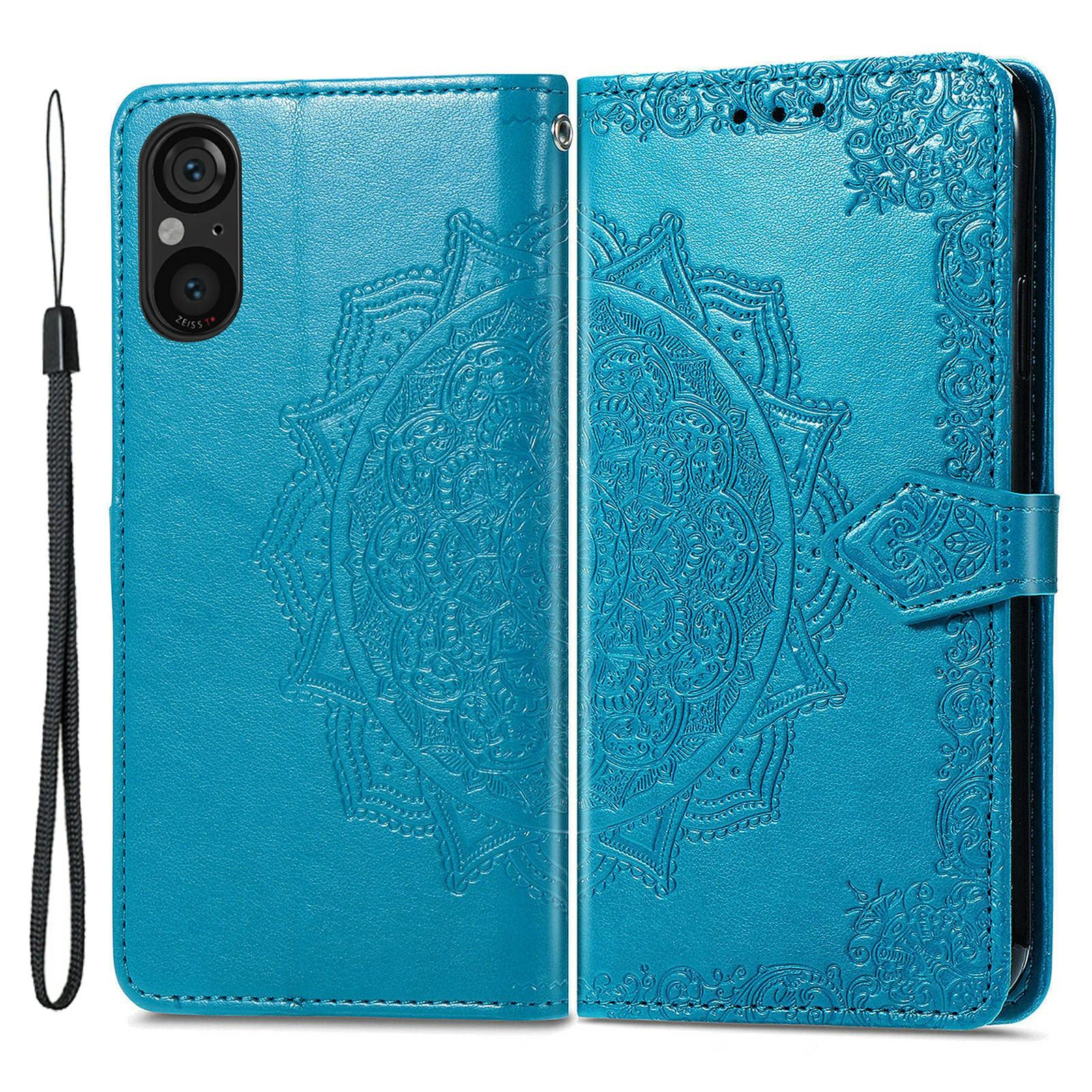 

For Sony Xperia 5 V Case Card Slots Wallet PU Leather Embossed Phone Cover Blue