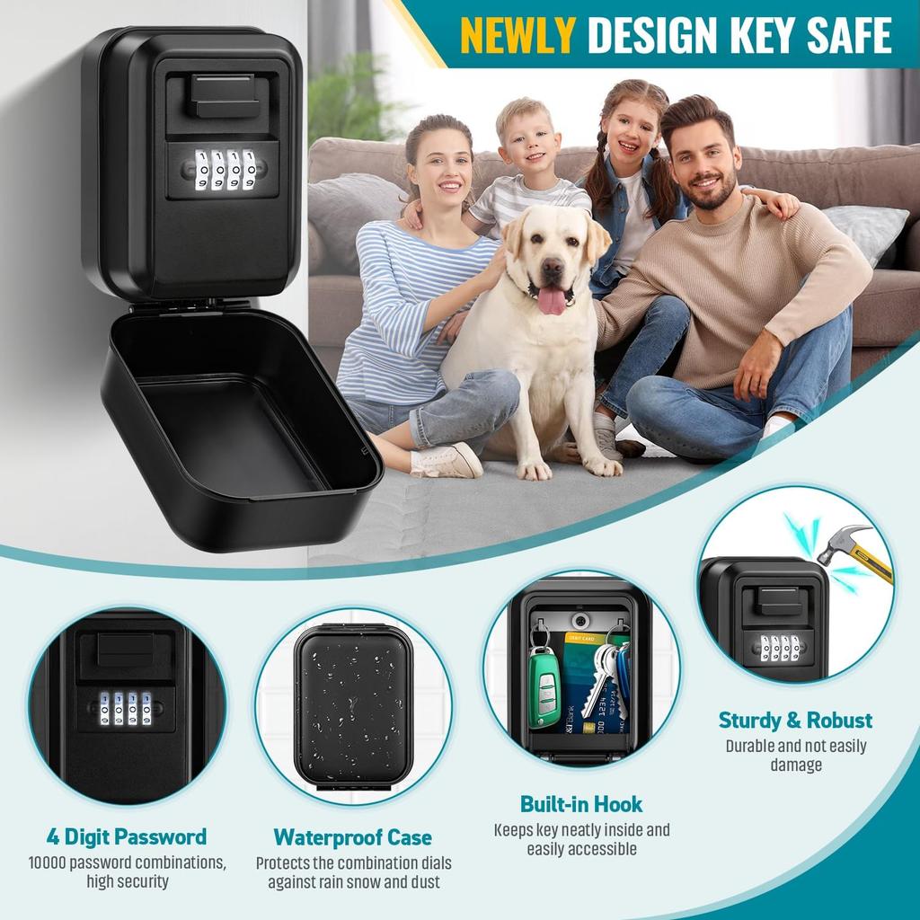Key Lock Box, Waterproof Wall Mount Lock Box for Keys with Code, 4 Digit Combination Lockbox Resettable Code Security Safe Key Storage Box for Home
