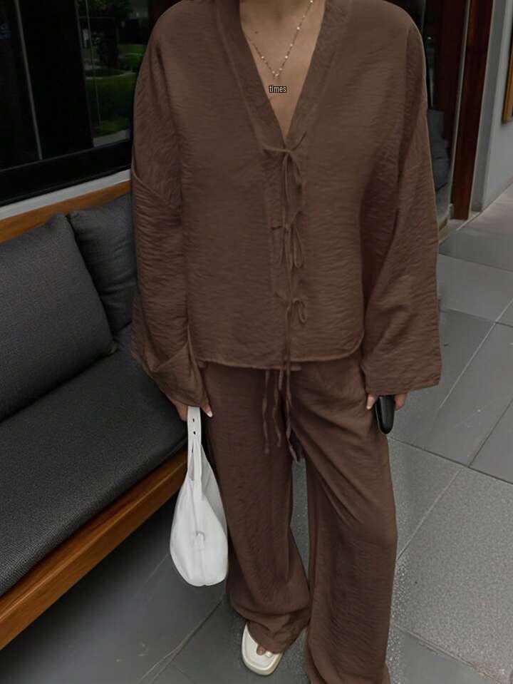 2025 Spring/Autumn European & American Women's High-End Lace-Up Shirt & Long Pants Casual Fashion Set