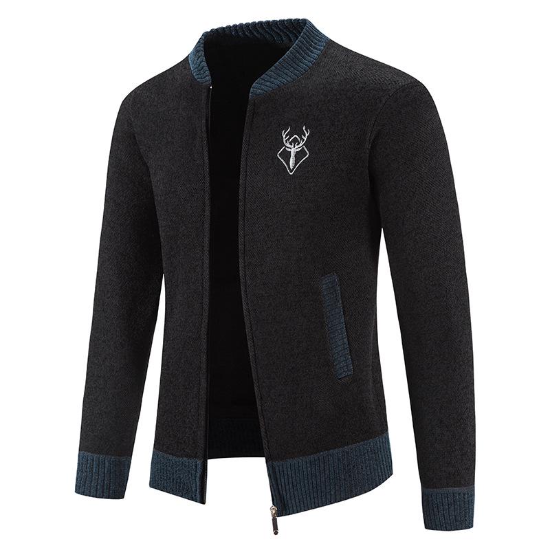 Men's Knitted Baseball Collar Cardigan: Thick Velvet, Long-Sleeved, Embroidered Winter Sweater Jacket.