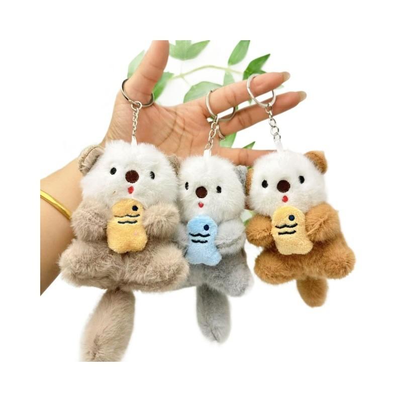 Cute Otter Holding Fish Keychain Soft Plush Toy For Car Keys And Accessories Bag