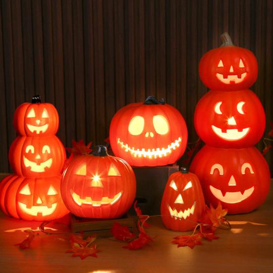 Halloween Pumpkin Lamp Spooky Light Up Pumpkin Figurine Glowing Decorative Pumpkin with LED Light for Haunted House Halloween Home Garden Decor
