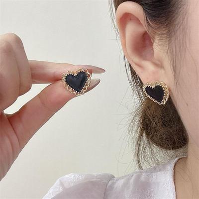 Brinco Geométrico de Coração Preto para Mulheres Elegante Doce Francês Acessório de Joalheria para Festa de Casamento