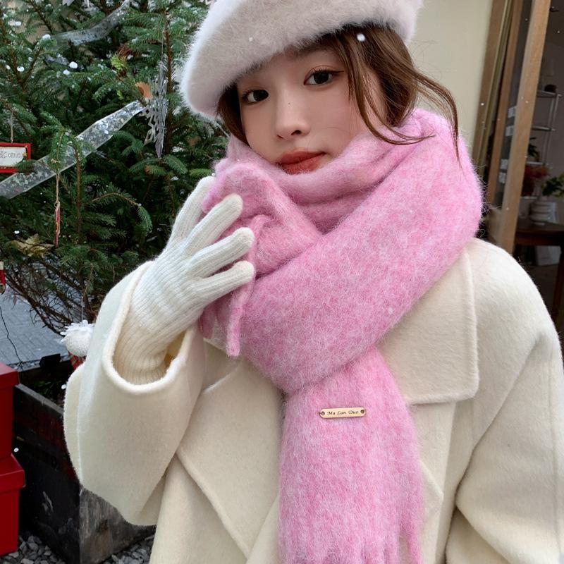 Women's wool-blended knitted solid-color scarf winter thickened warm student scarf men
