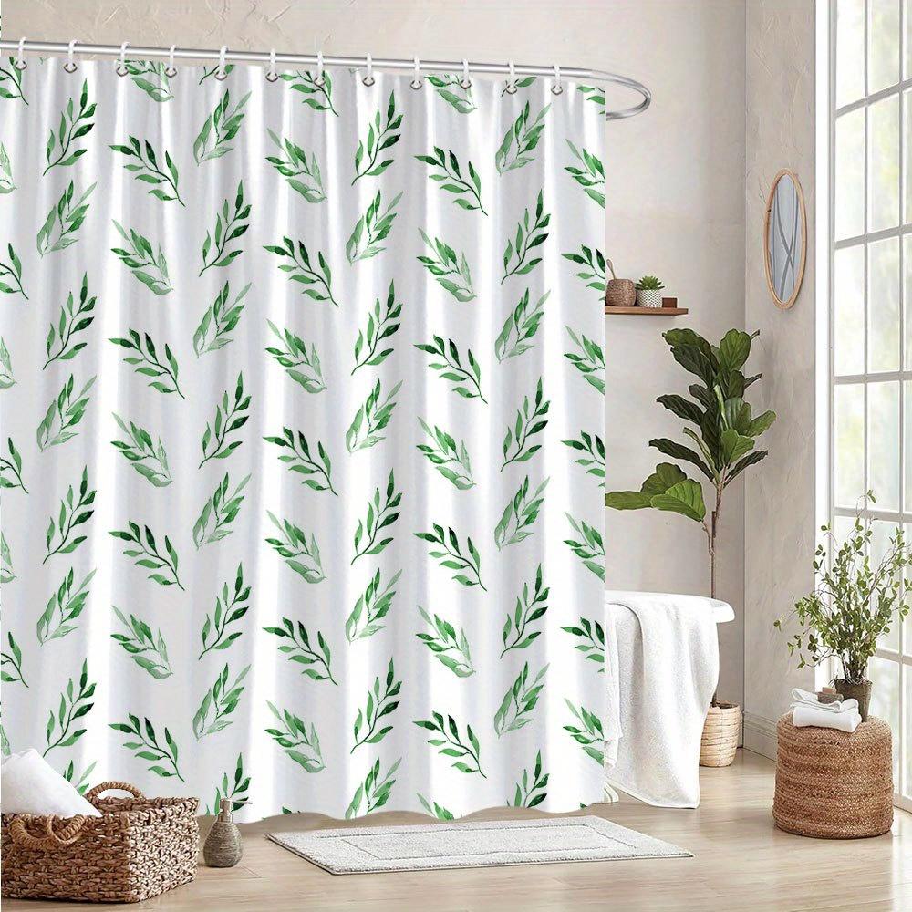 1pc Green Leaf Shower Curtain, Gradient Green on White, Fresh Natural Design, 70x70", 12 Hooks, Machine Washable Polyester