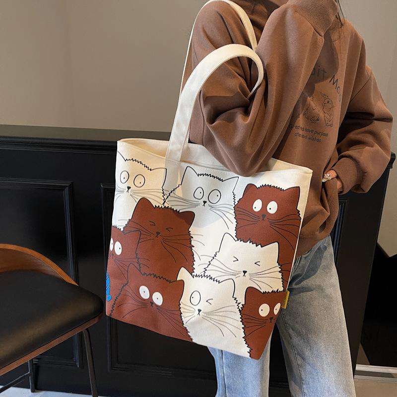 Canvas bag women's 2025 new summer large-capacity bag casual cartoon shoulder bag college student class tote bag