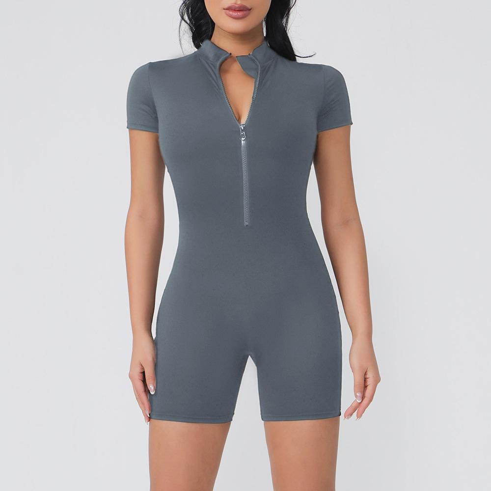 

Трансграничный комбинезон для йоги: Женское облегающее боди с коротким рукавом телесного цвета и полузастежкой-молнией, подчеркивающее талию, для весны/лета Small серый