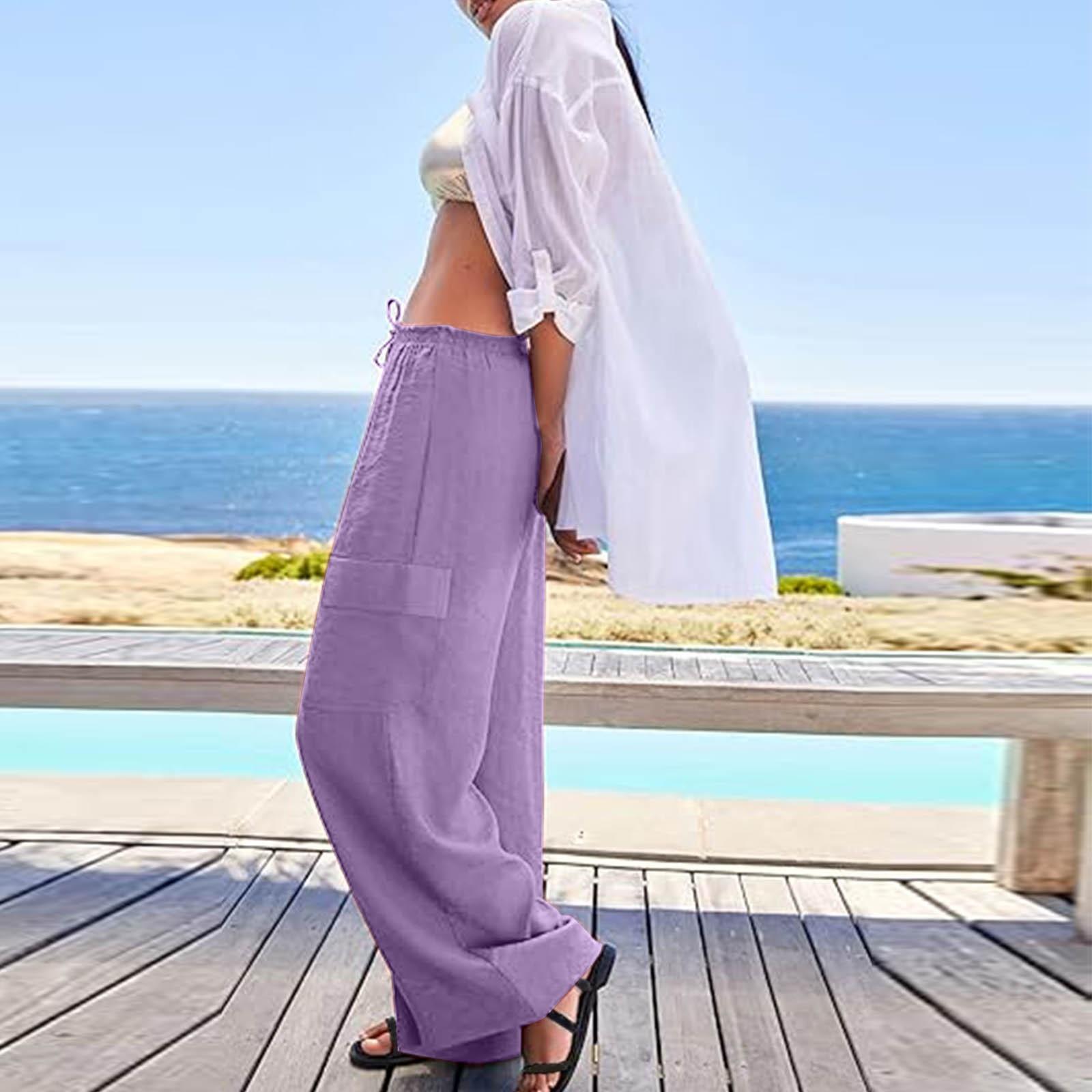 

Женские модные однотонные брюки прямого покроя с высокой талией и карманами на шнурке, повседневные брюки L фиолетовый