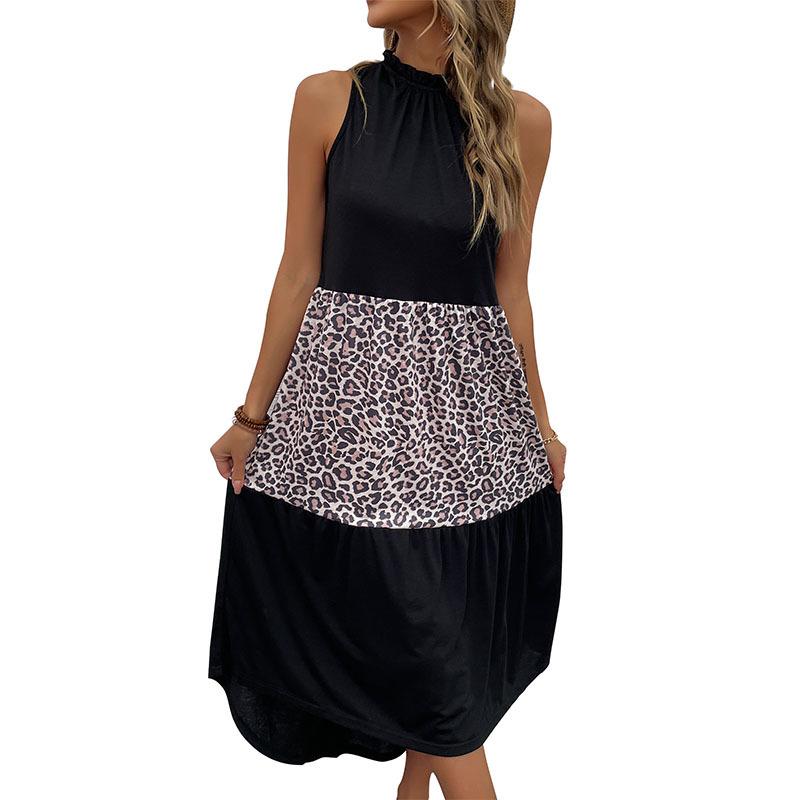 Summer new neck skirt slim sleeveless leopard print splicing dress