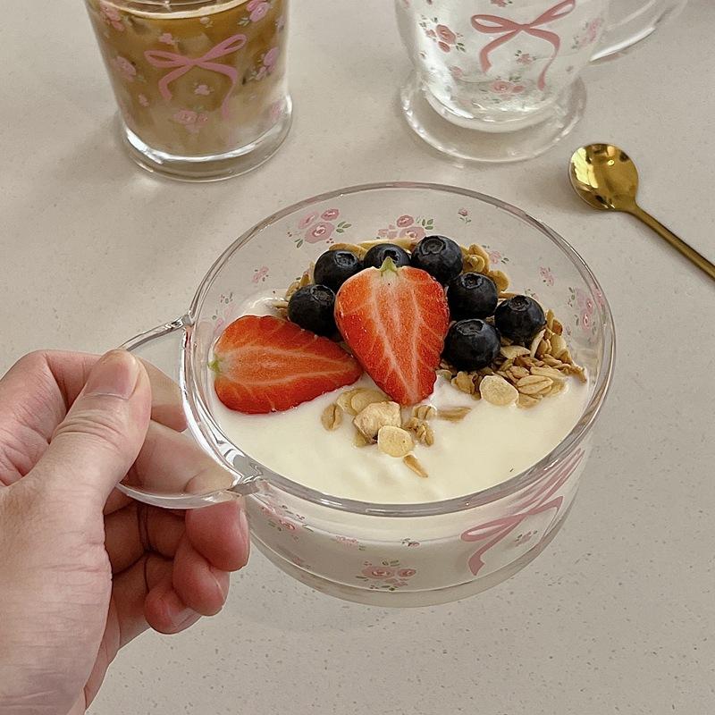 Kawaii Bowknot Glass Cups Bow Knot Rose Glass Milk Cup Fragmented Flowers Cold Extract Cup for Drinkware Coffee Breakfast Cup