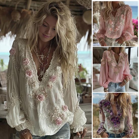 Women Shirt Oversize V-Neck Long Sleeve Casual Spring Autumn Shirt 3D Flower Printed Pattern Relaxed Fit Shirt Daily Wear