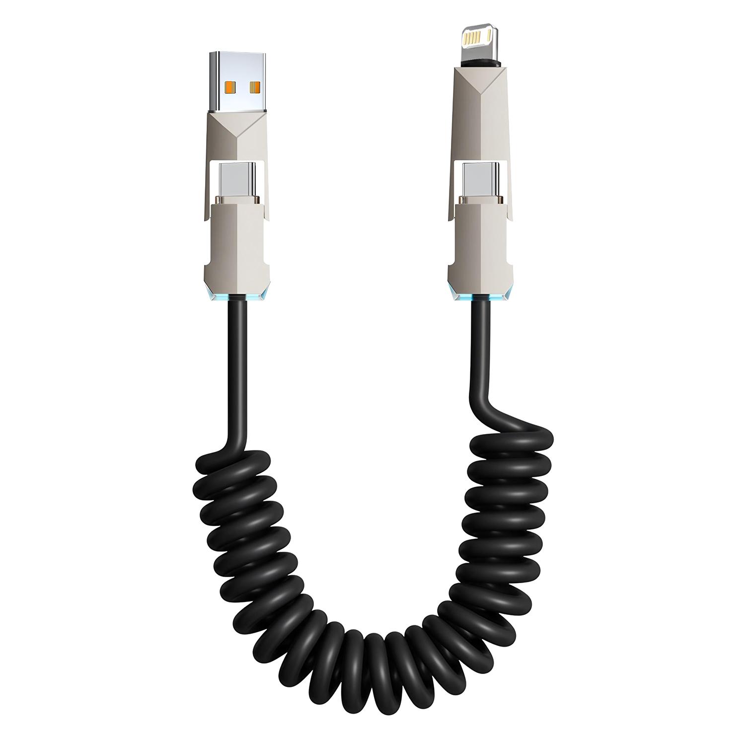 4 in 1 Spring Fast Charging Cable, 240W USB-C PD Multi Fast Charging, 2m Coiled Retractable Cable for iPhone Samsung Laptop чёрный