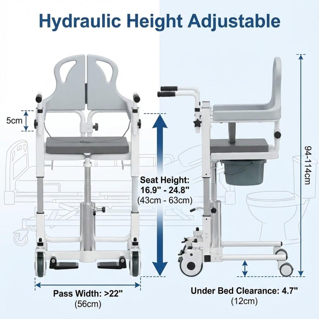Hydraulic Transfer Chair For Elderly Disabled Home Nursing Commode Shower Wheelchair Height Adjustable 180 Degree Split Seat