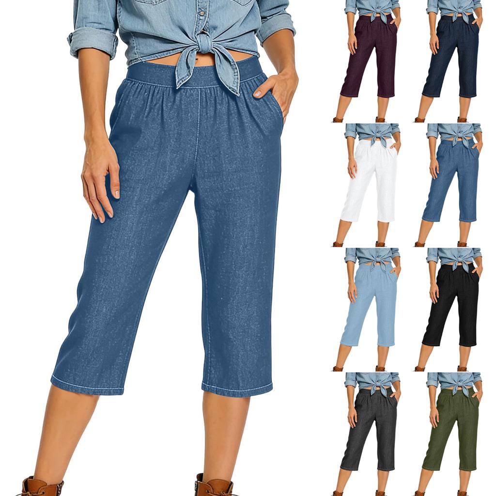 Dámské Capri kalhoty s elastickým pasem Ležérní volný střih Zkrácené kalhoty s kapsami Lehká prodyšná tkanina Design