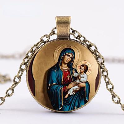 Glass Pendant of Virgin Mary and Baby Jesus, Christian Jewelry, Unisex Gift Necklace