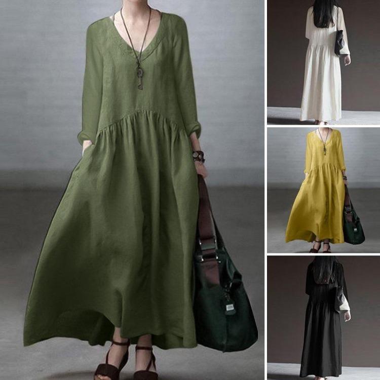 Elegant Long Sleeve V Neck Sundress Women Casual Loose Long Dress Solid Color Fashion