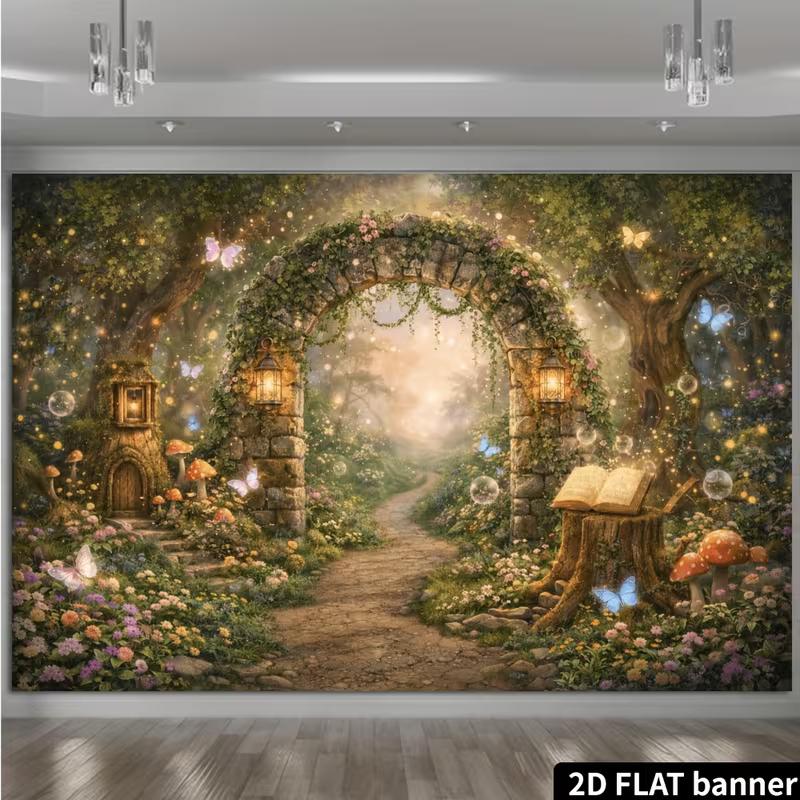 2D Whimsical Butterfly Forest Backdrop Photography Background