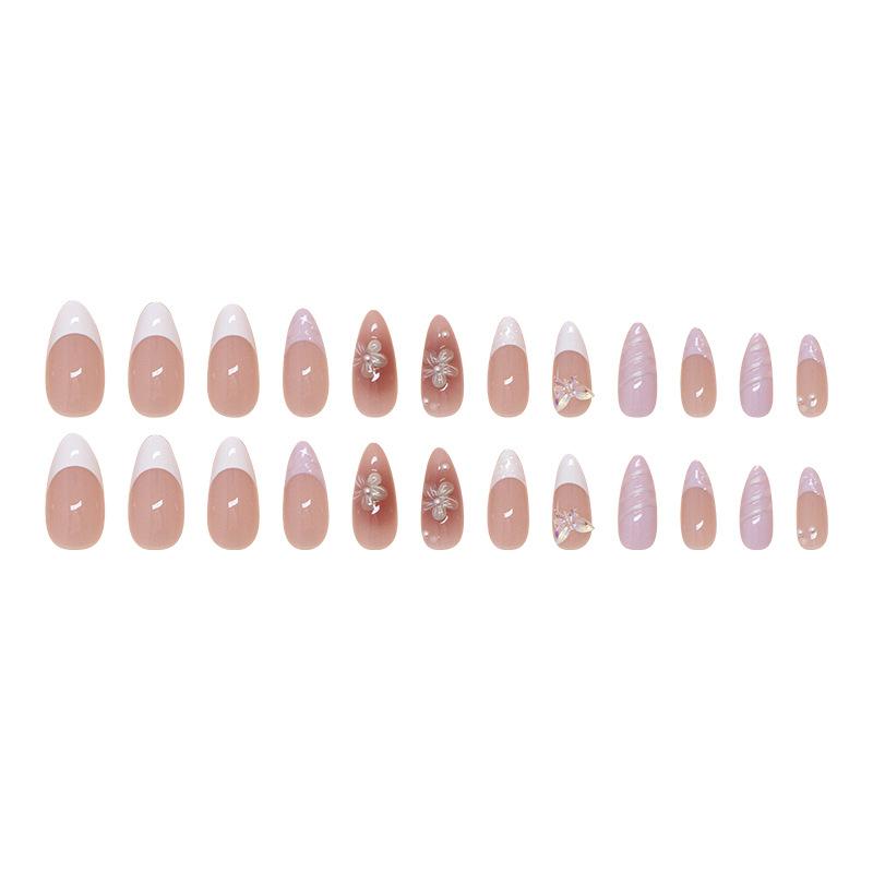 Nálepka na francouzskou manikúru Odnímatelný nehet Trojrozměrný květ Motýl Nošení nehtů Lehká luxusní manikúra Diamant 24 kusů