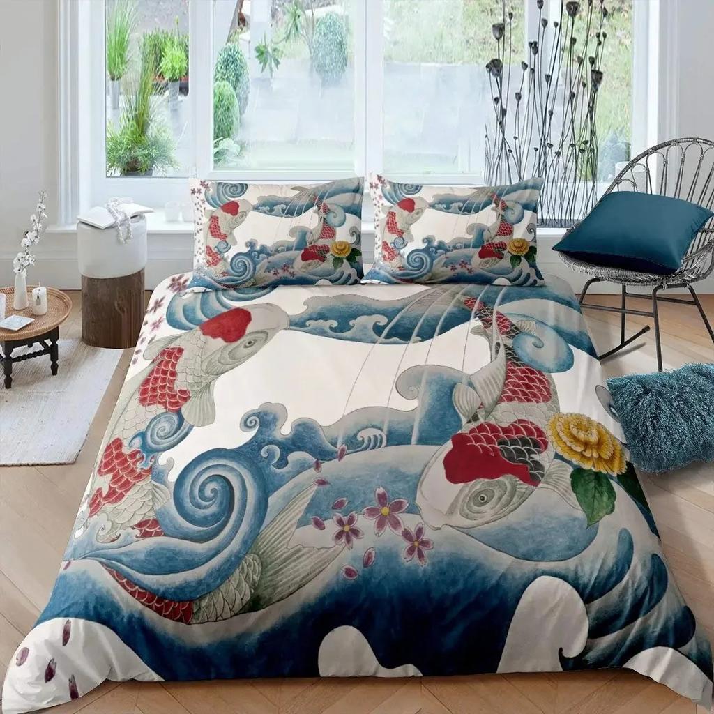 Koi Fish Duvet Cover Set King Size Oriental Asian Culture Lotus Bedding Set Microfiber Twin Cloud Quilt Cover For Girl Farmhouse