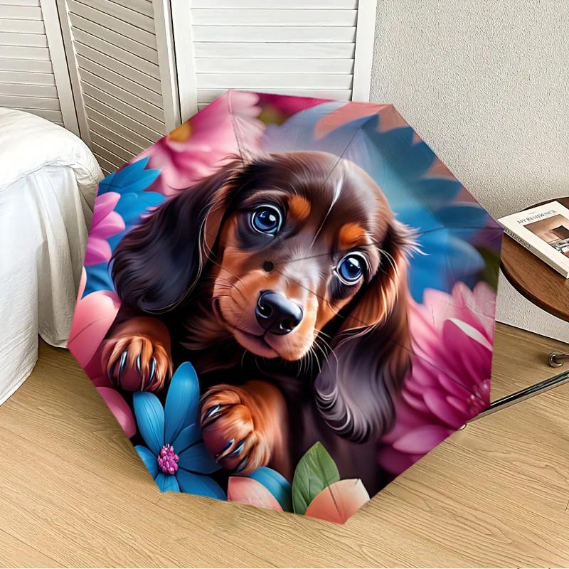 1pc Dachshund Flower Garden Automatic Open/Close Umbrella, 8-Rib Sturdy Frame, Umbrella for Travel, Everyday, Formal Events Yy251126061