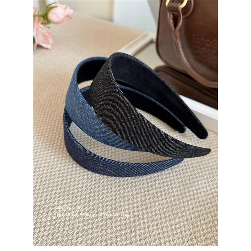 Retro Denim Blue Wide Headband Women High Cranial Top Face Washing Anti Slip Hair Hoop Daily Hair Accessories