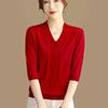 Spring Autumn Women's V-Neck Knit Top Half Sleeve Slim Casual Blouse