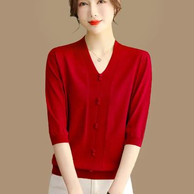 Frühling Herbst Damen V-Ausschnitt Strickoberteil Halbsleeve Schlank Lässig Bluse