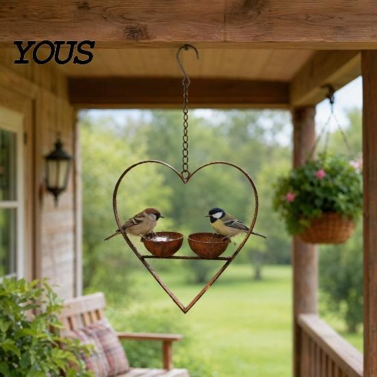 Bird Feeder for Sparrows Metal Heart Feeder, Outdoor Hanging with Large Capacity 2 Bowls, Garden Backyard Wild Birds