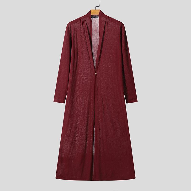 INCERUN Men Long Sleeve See Through Open Front High Splits Casual Long Mesh Sheer Shirts