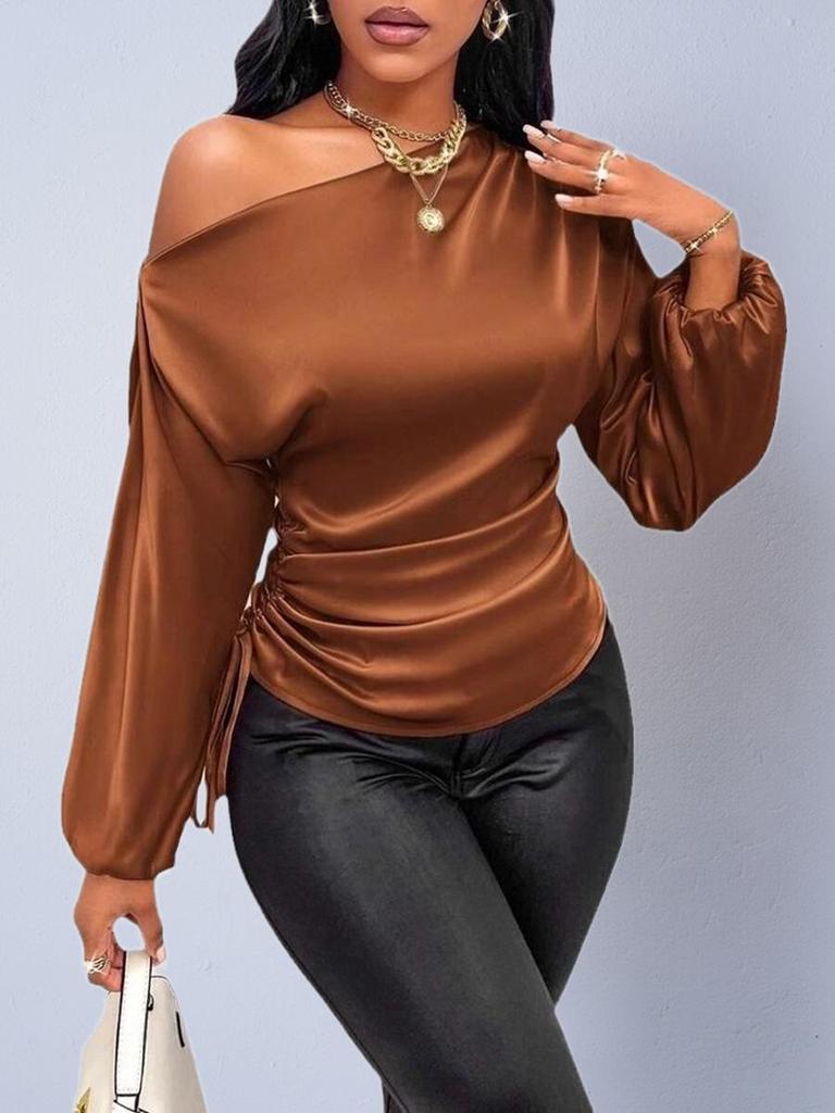 Asymmetrical Satin Blouse with Slanted Collar - Women's Spring/Autumn Collection