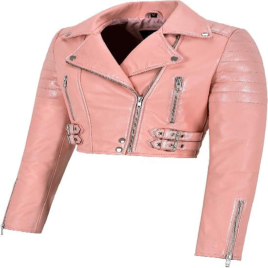 NOORA Damen PINKE Cropped Biker Lederjacke | Teil-Verschleißjacke |