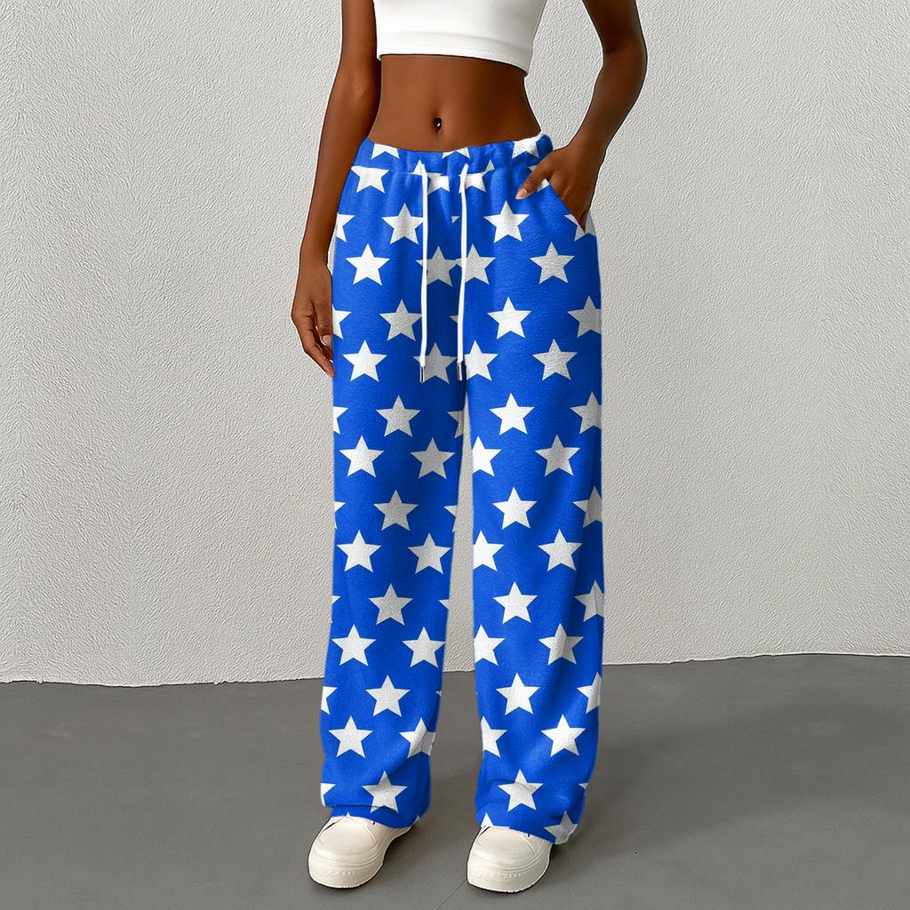 Women's Casual Fashion Printed Elastic Waist Loose Straight Leg Pants With Rope