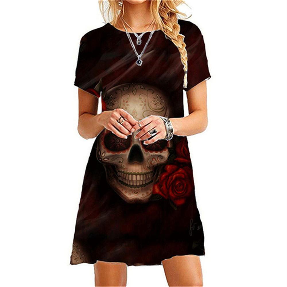 Sexy Slim Women's Dress Short Sleeve Skull Digital 3D Print Fashion V-Neck Women Clothes Summer Solid Color Casual A-line Dress