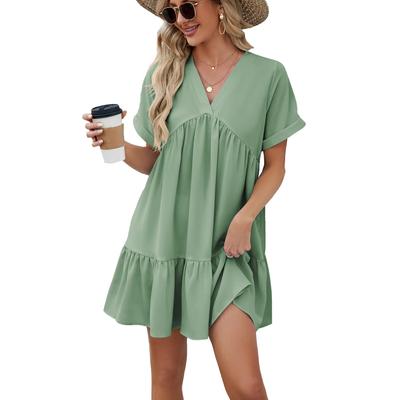 2024 Women Dress Spring/Summer Solid Color V-neck Dresses Loose Pleated Short Dress