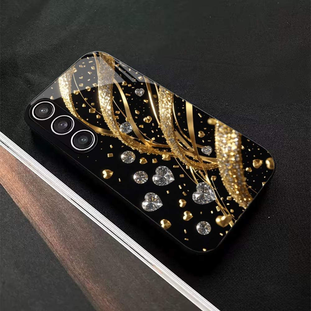 Metallische Farbe Glas Handyhülle für Samsung Galaxy S26 S25 S24 S23 S22 S21 Ultra Plus FE 5G Gold Diamant Herz 2D UV-Druck
