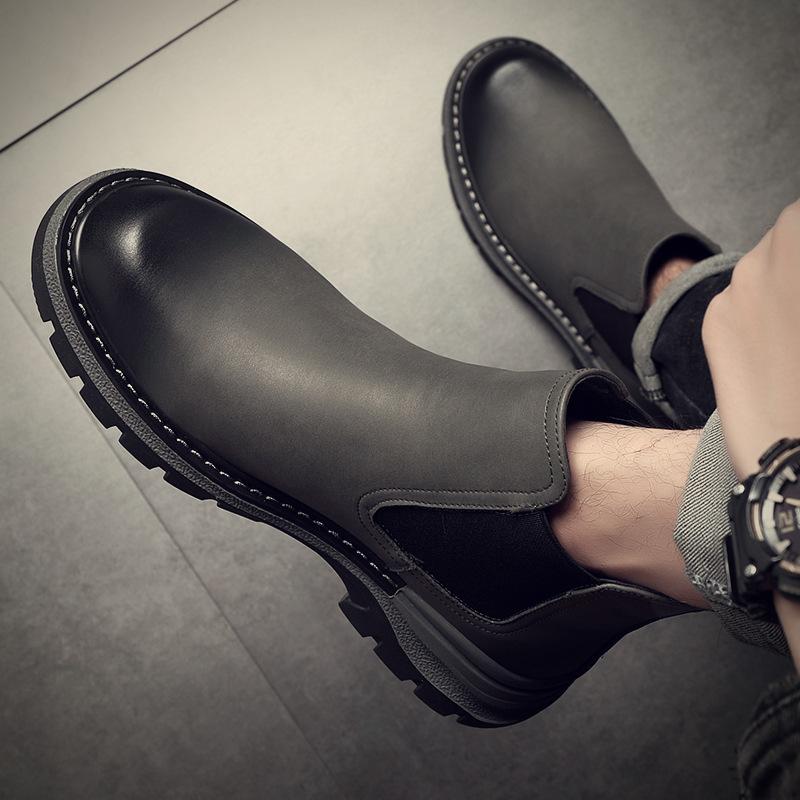 Fashion men's casual chelsea boots grey autumn winter shoes cowboy original leather boot youth street style platform ankle botas hombre