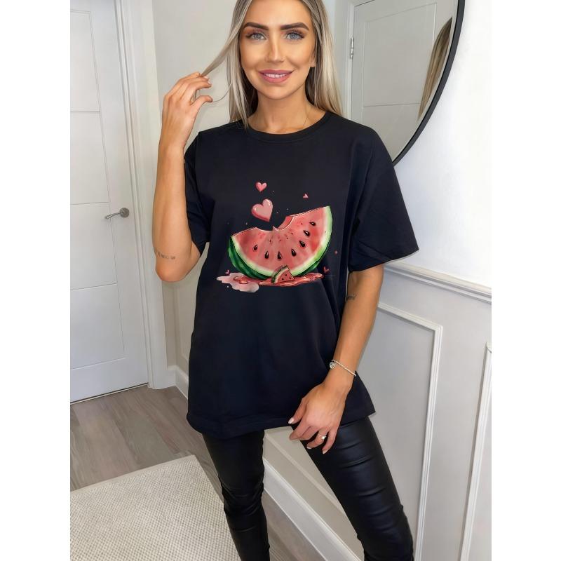 Oversized T Shirt Black Watermelon Slice With Hearts Print Summer Casual Wear