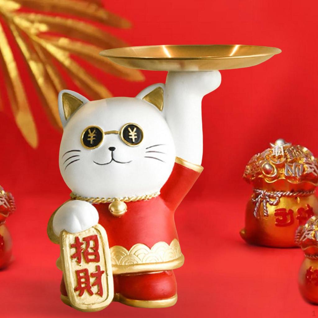 Resin Cat Statue Figurine Sculpture Jewelry Plate Storage Holder Desktop Serving Tray for Countertop