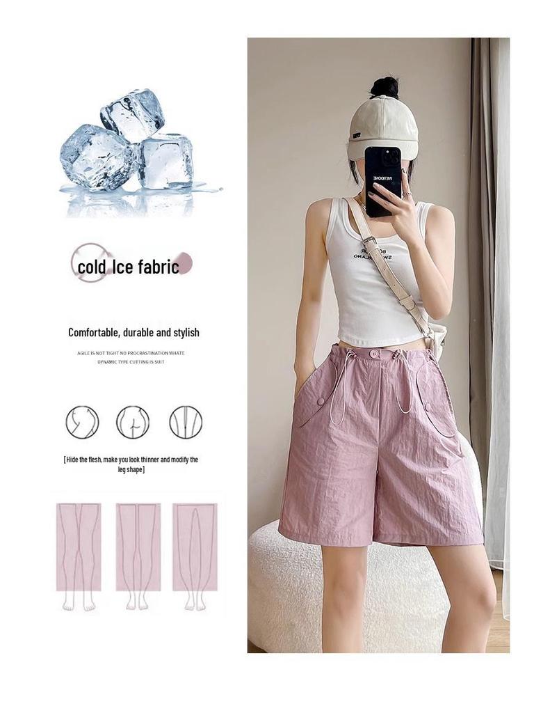 Women's Pink Quick-Dry High Waist Cargo Shorts - Loose, Lightweight, Wide-Leg Summer Sports Pants.